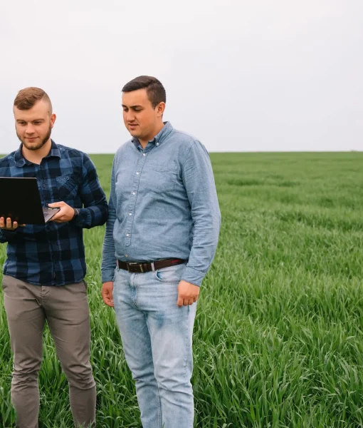 businessmen-standing-in-a-wheat-field-and-looking-at-laptop